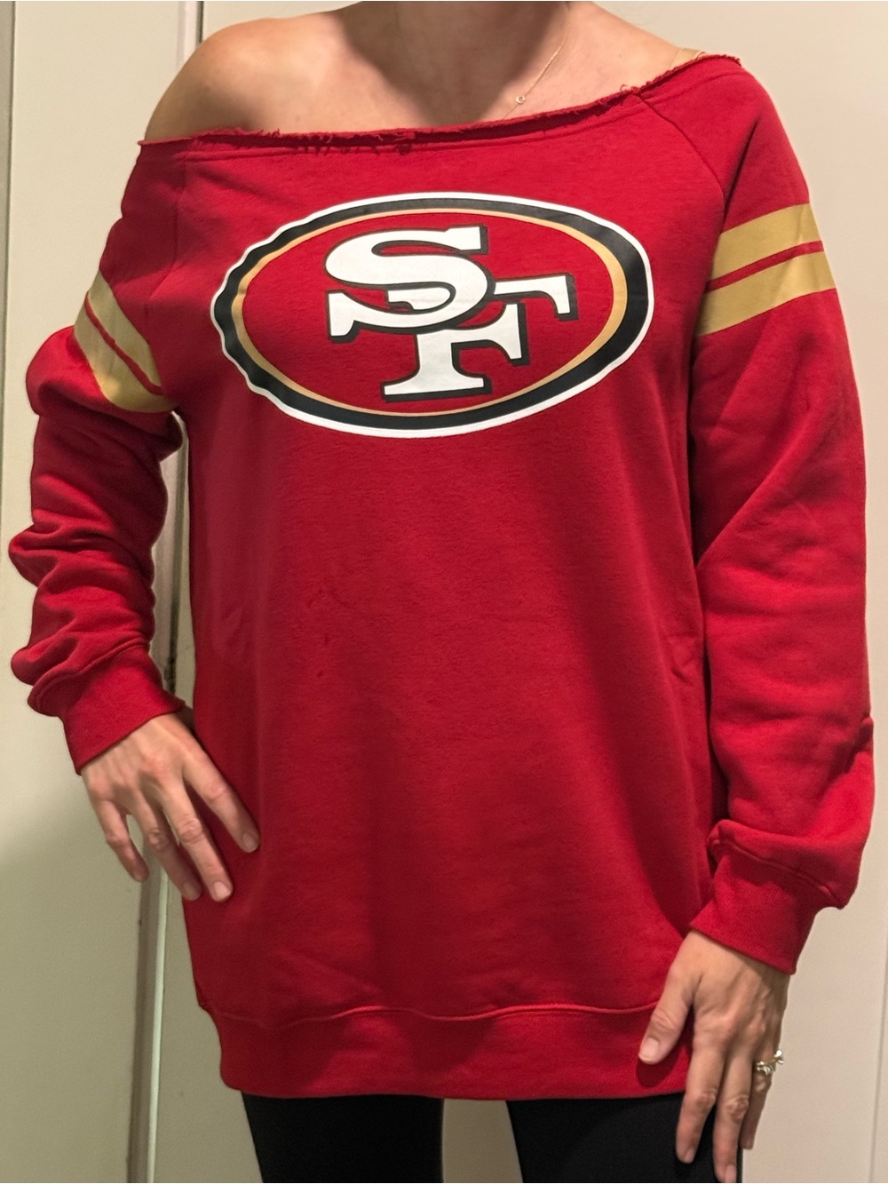 NFL Women's Red Off-Shoulder Sweatshirt with Gold Stripes